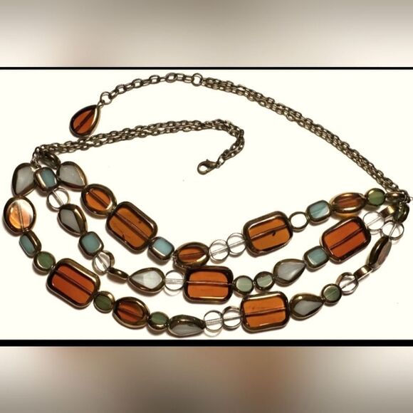 Vintage Jewelry Necklace Gold Tone Amber Tone Bead Green Blue Multi Strand - Picture 1 of 1